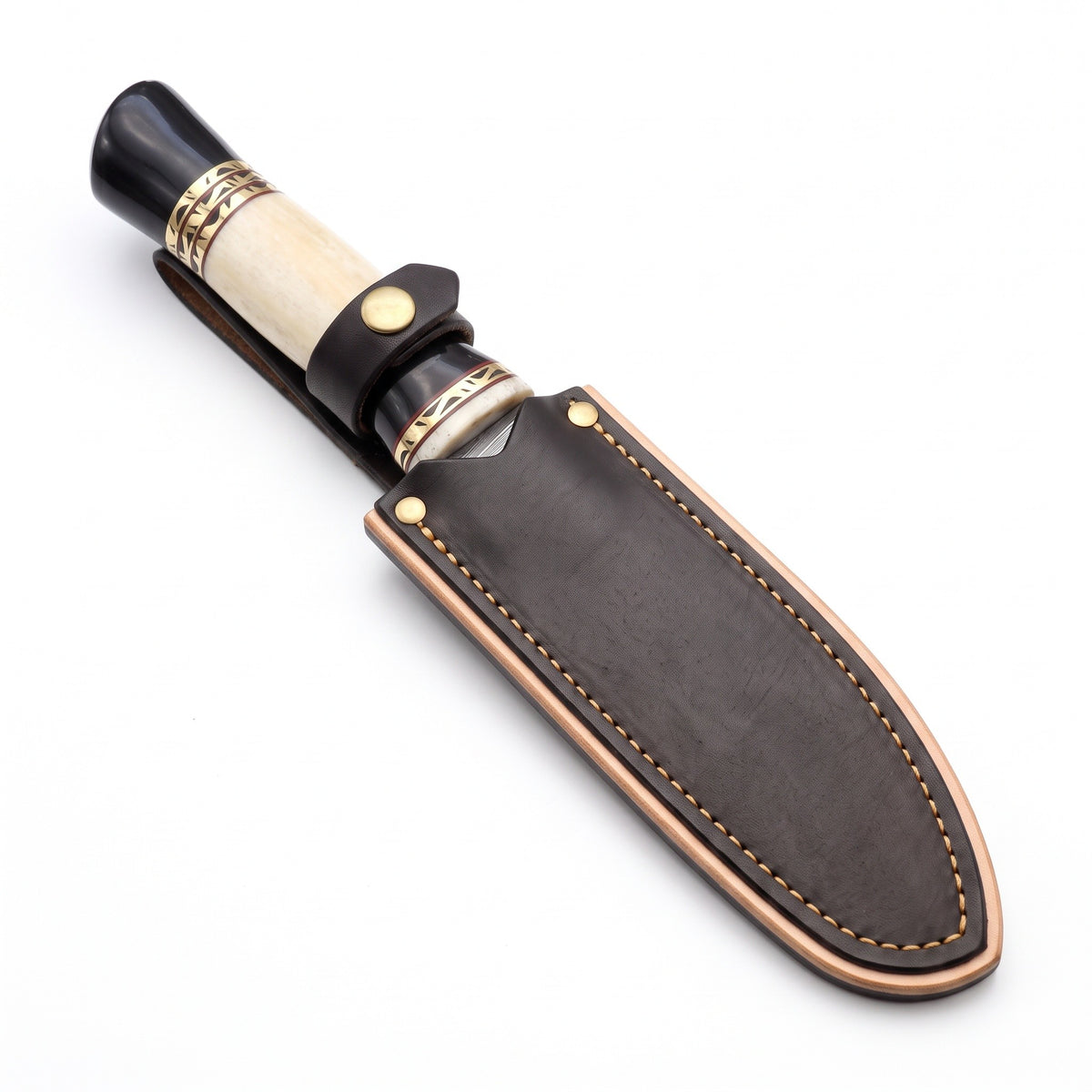 Ridgeback 10.5" Damascus Hunting Knife | Bone, seated in the Crownridge sheath