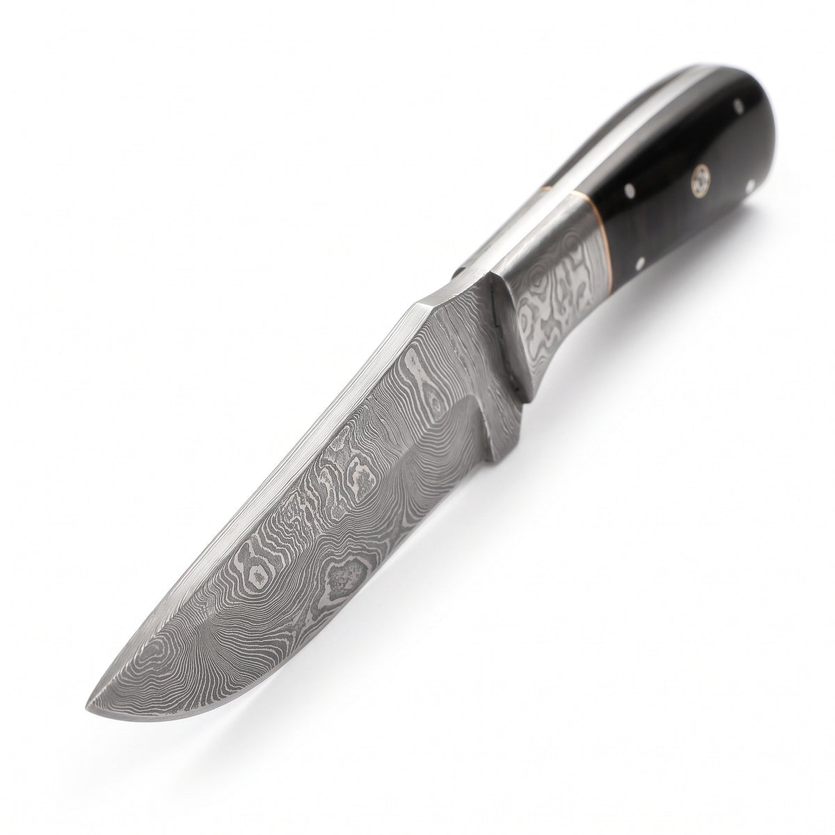Ridgeback 10" Damascus Hunting Knife | Buffalo Horn & Brass, Damascus blade close-up