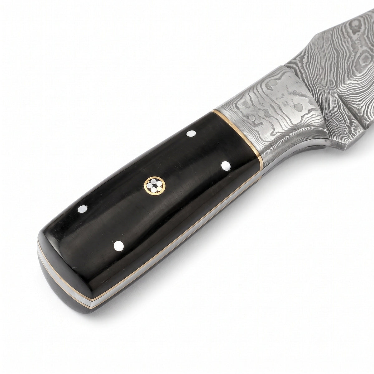 Ridgeback 10" Damascus Hunting Knife | Buffalo Horn & Brass, handle and fittings close-up