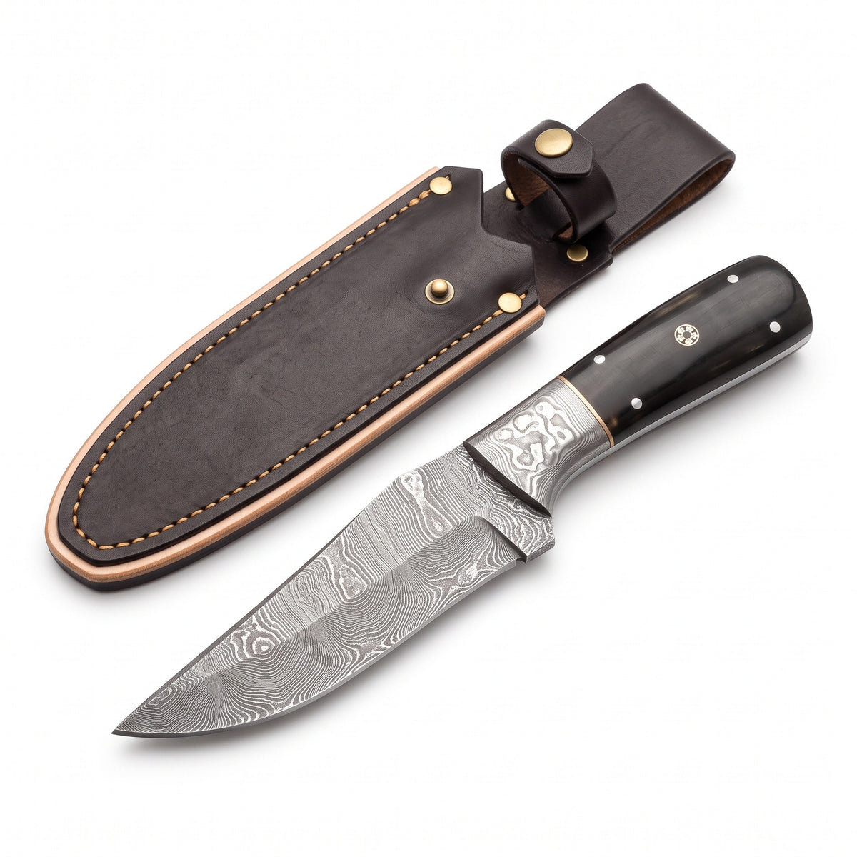Ridgeback 10" Damascus Hunting Knife | Buffalo Horn & Brass, three-quarter view with the Crownridge sheath