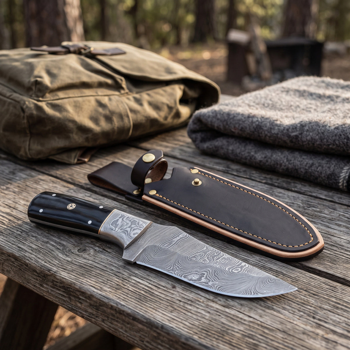 Ridgeback 10" Damascus Hunting Knife | Buffalo Horn & Brass, with the Crownridge sheath in use
