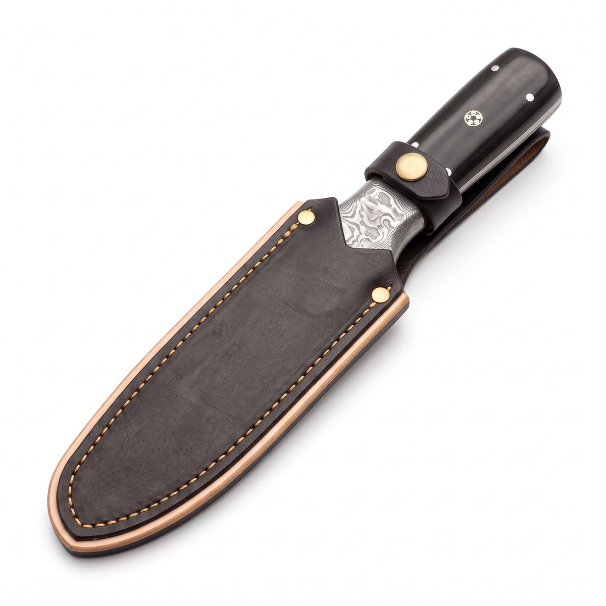 Ridgeback 10" Damascus Hunting Knife | Buffalo Horn & Brass, seated in the Crownridge sheath
