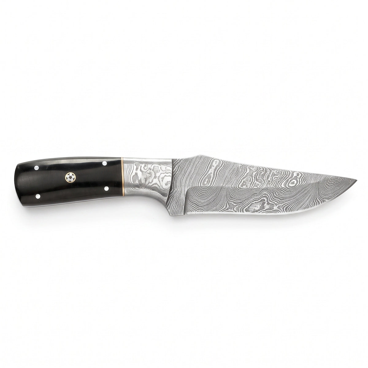 Ridgeback 10" Damascus Hunting Knife | Buffalo Horn & Brass, side profile on white