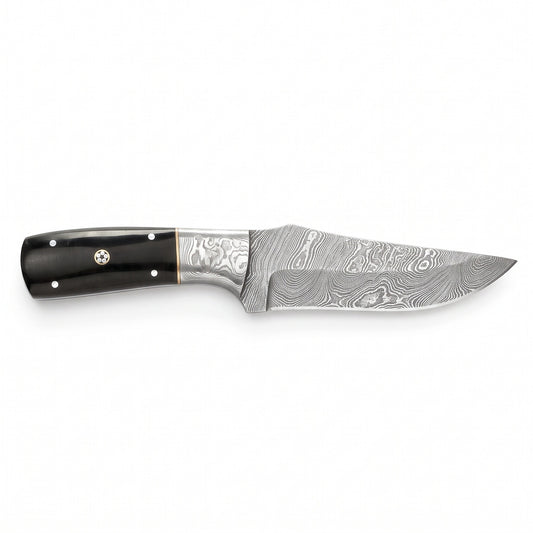 Ridgeback 10" Damascus Hunting Knife | Buffalo Horn & Brass, side profile on white