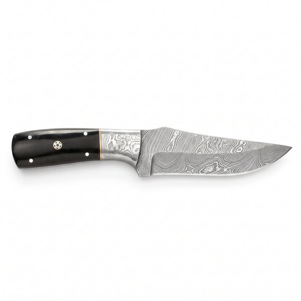Ridgeback 10" Damascus Hunting Knife | Buffalo Horn & Brass, side profile on white