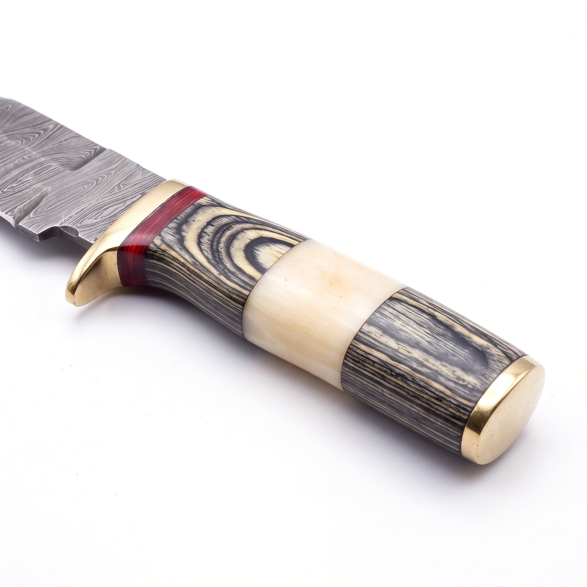 Ridgeback 10" Damascus Hunting Knife | Camel Bone, handle and fittings close-up