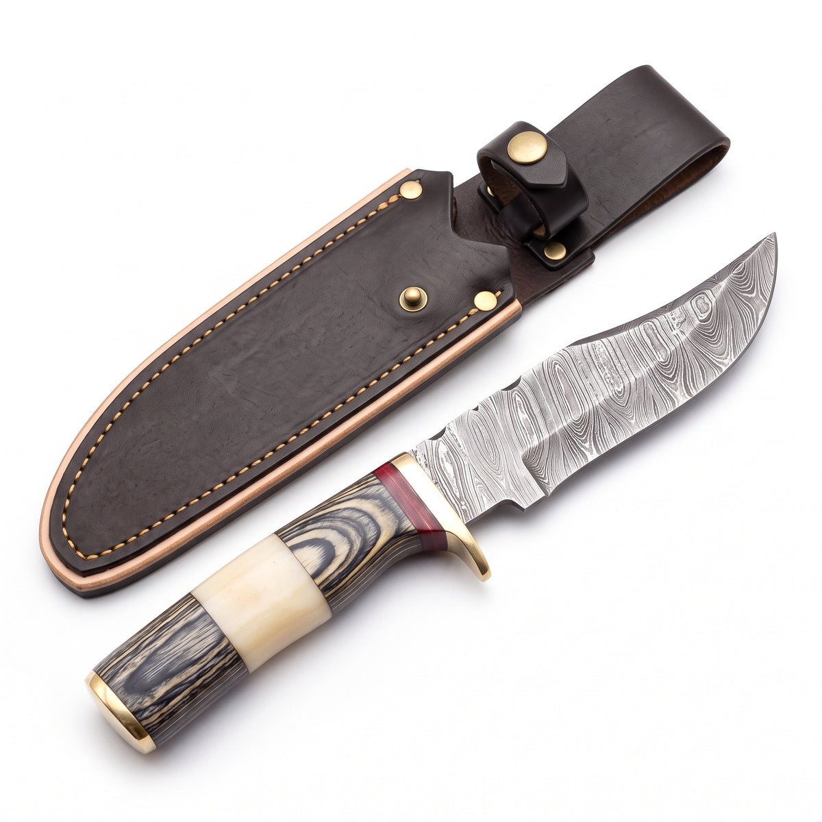 Ridgeback 10" Damascus Hunting Knife | Camel Bone, three-quarter view with the Crownridge sheath