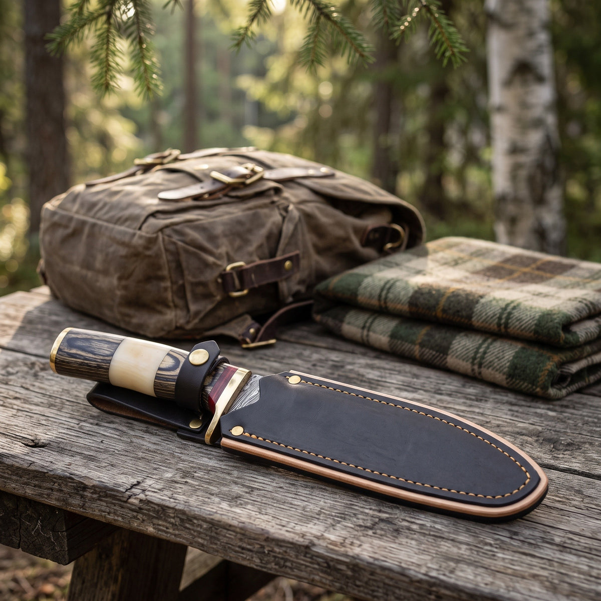 Ridgeback 10" Damascus Hunting Knife | Camel Bone, with the Crownridge sheath in use