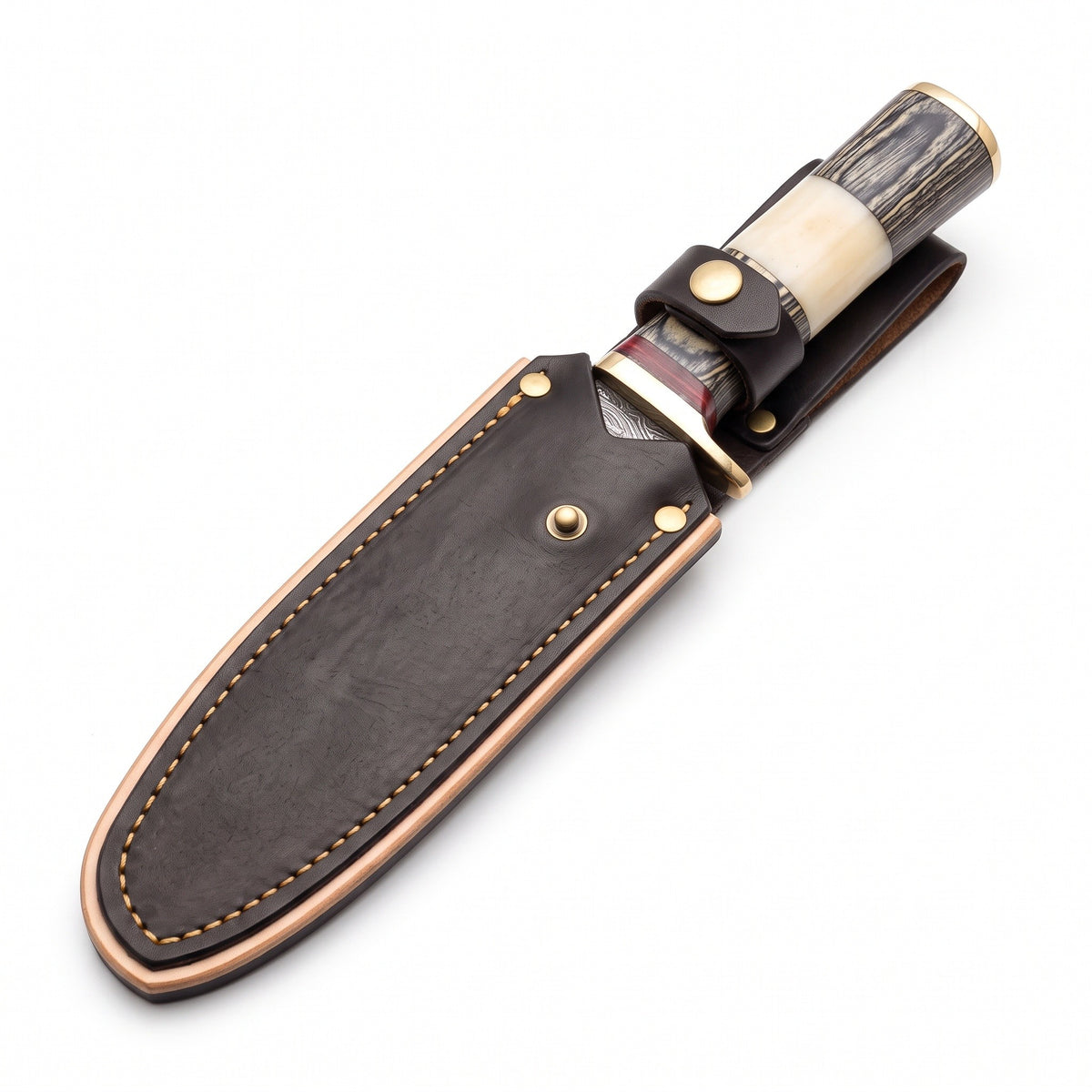 Ridgeback 10" Damascus Hunting Knife | Camel Bone, seated in the Crownridge sheath