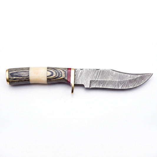 Ridgeback 10" Damascus Hunting Knife | Camel Bone, side profile on white