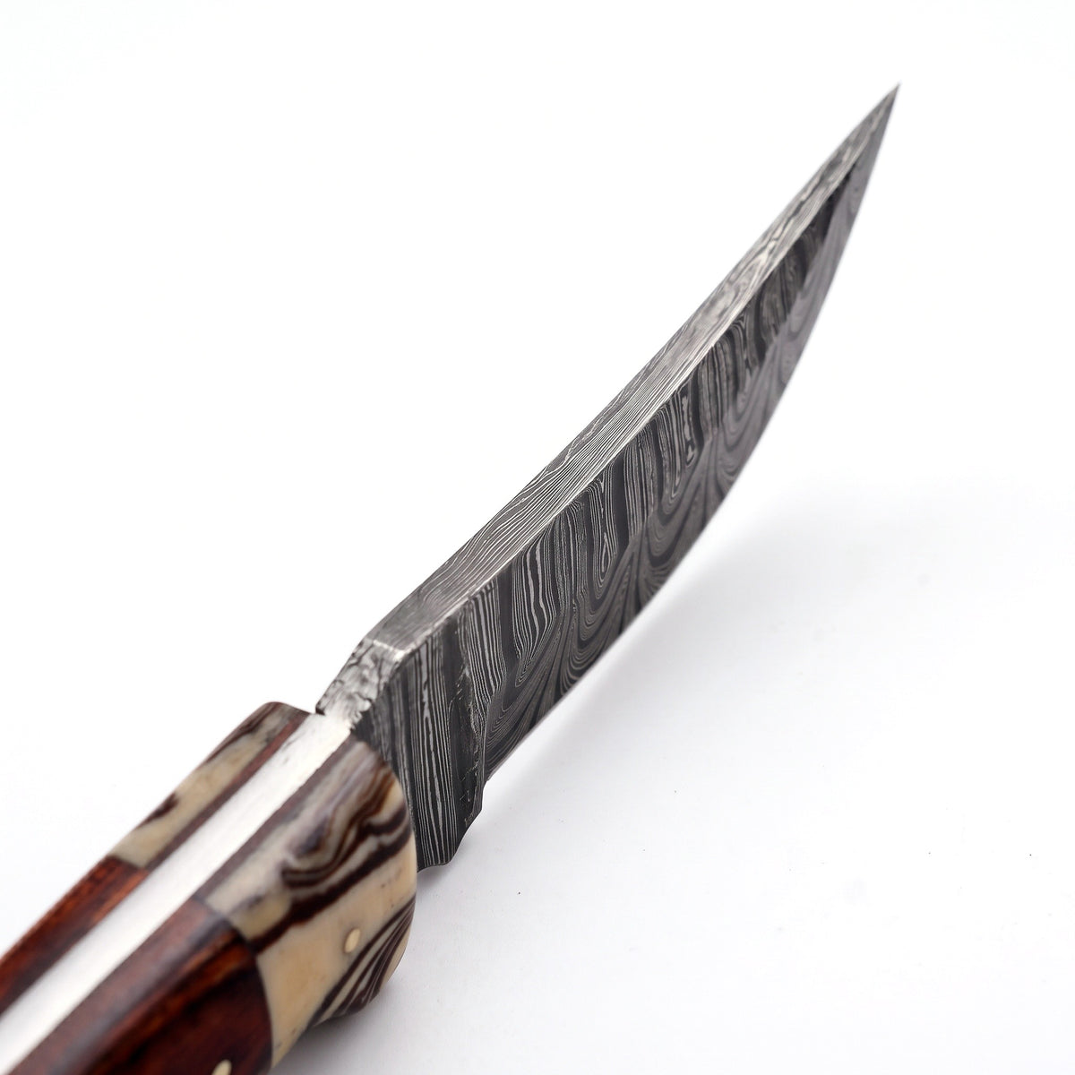Ridgeback 10" Damascus Hunting Knife | Hardwood & Micarta, Damascus blade close-up