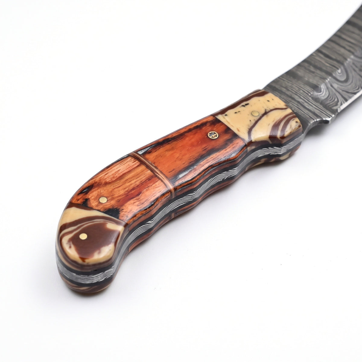 Ridgeback 10" Damascus Hunting Knife | Hardwood & Micarta, handle and fittings close-up