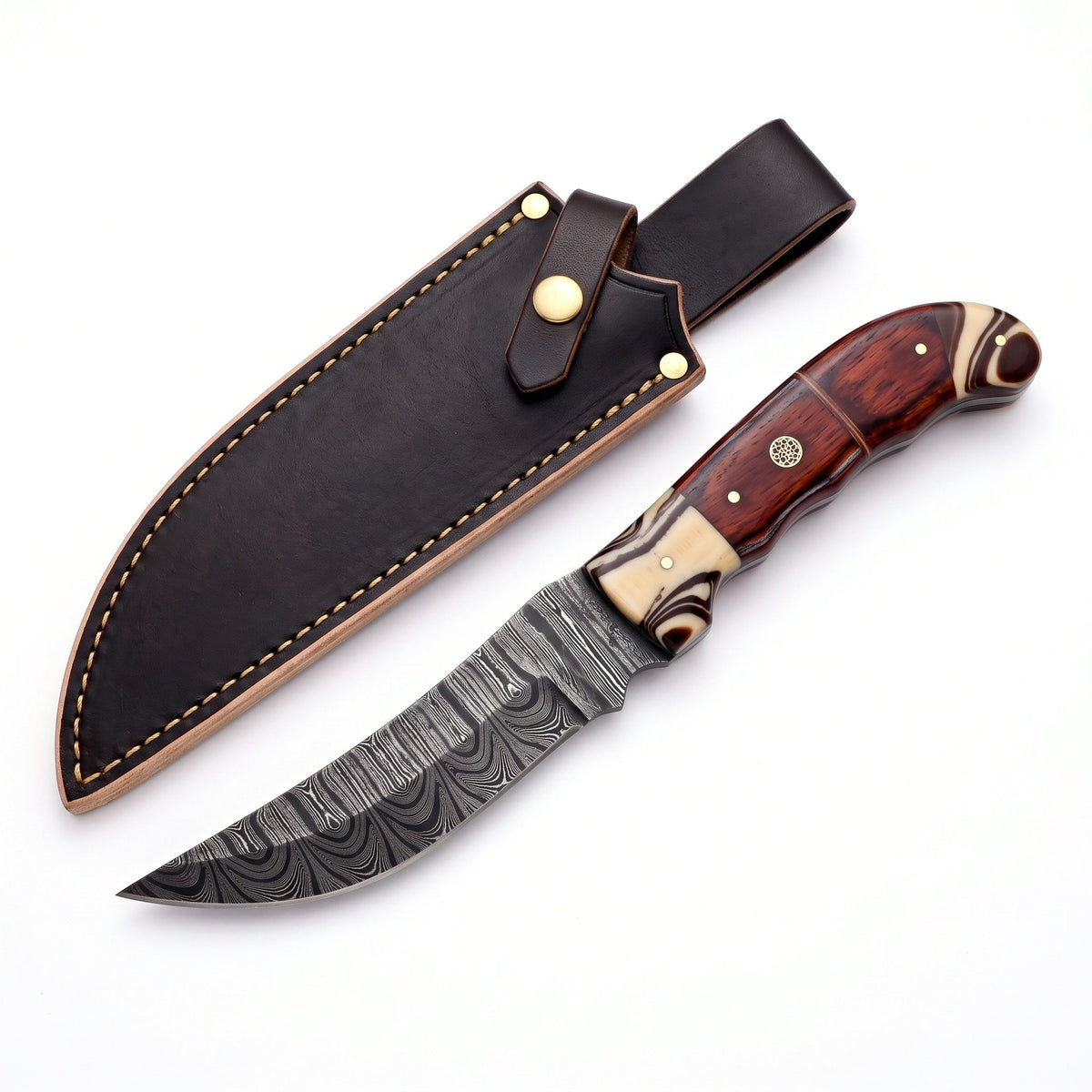 Ridgeback 10" Damascus Hunting Knife | Hardwood & Micarta, three-quarter view with the Crownridge sheath
