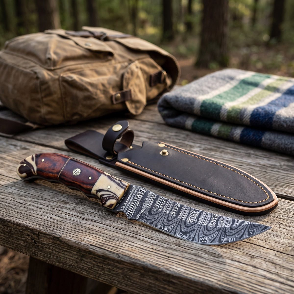 Ridgeback 10" Damascus Hunting Knife | Hardwood & Micarta, with the Crownridge sheath in use