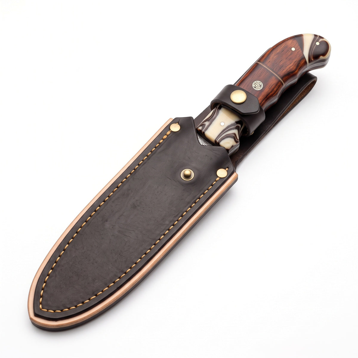 Ridgeback 10" Damascus Hunting Knife | Hardwood & Micarta, seated in the Crownridge sheath