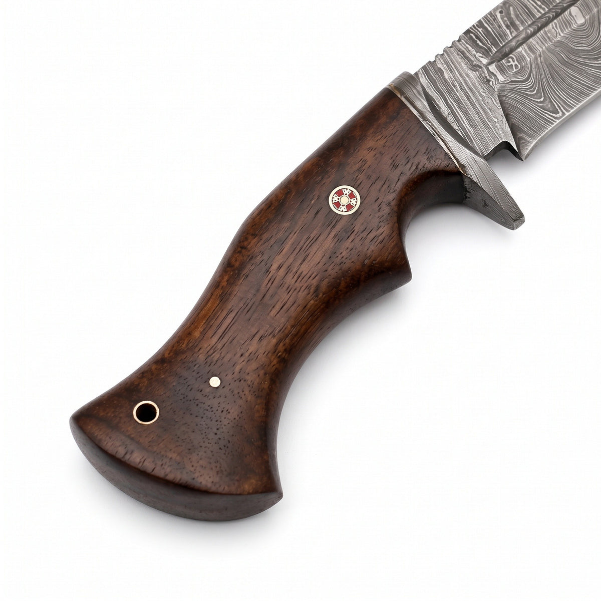 Ridgeback 10" Damascus Hunting Knife | Hardwood, handle and fittings close-up
