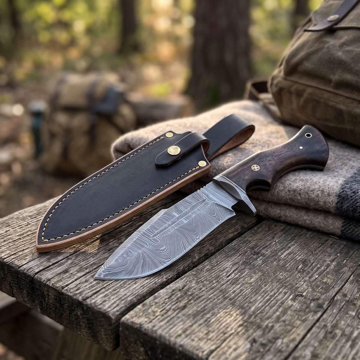 Ridgeback 10" Damascus Hunting Knife | Hardwood, with the Crownridge sheath in use