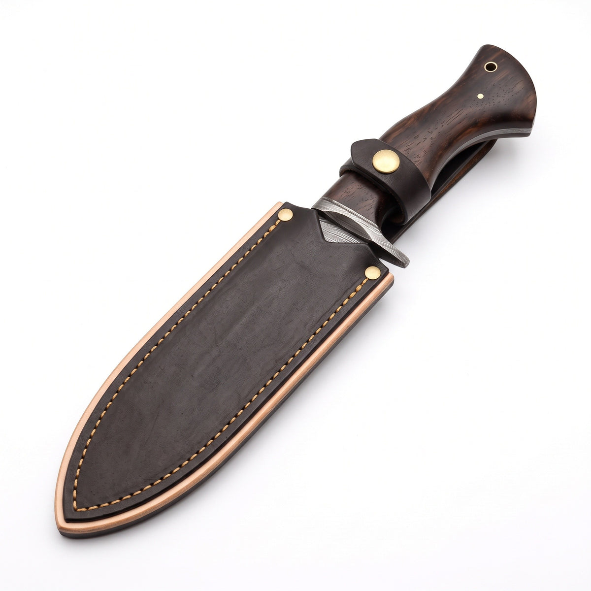 Ridgeback 10" Damascus Hunting Knife | Hardwood, seated in the Crownridge sheath