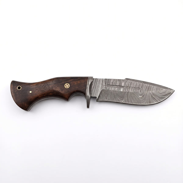 Ridgeback 10" Damascus Hunting Knife | Hardwood, side profile on white