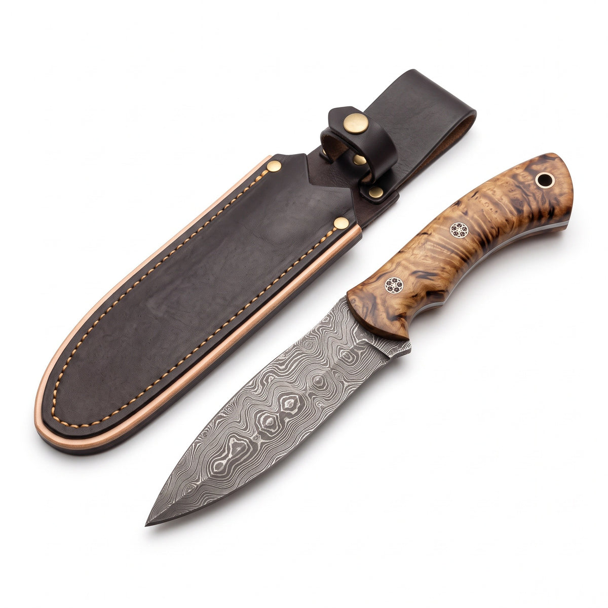 Ridgeback 10" Damascus Hunting Knife | Mango Wood, three-quarter view with the Crownridge sheath