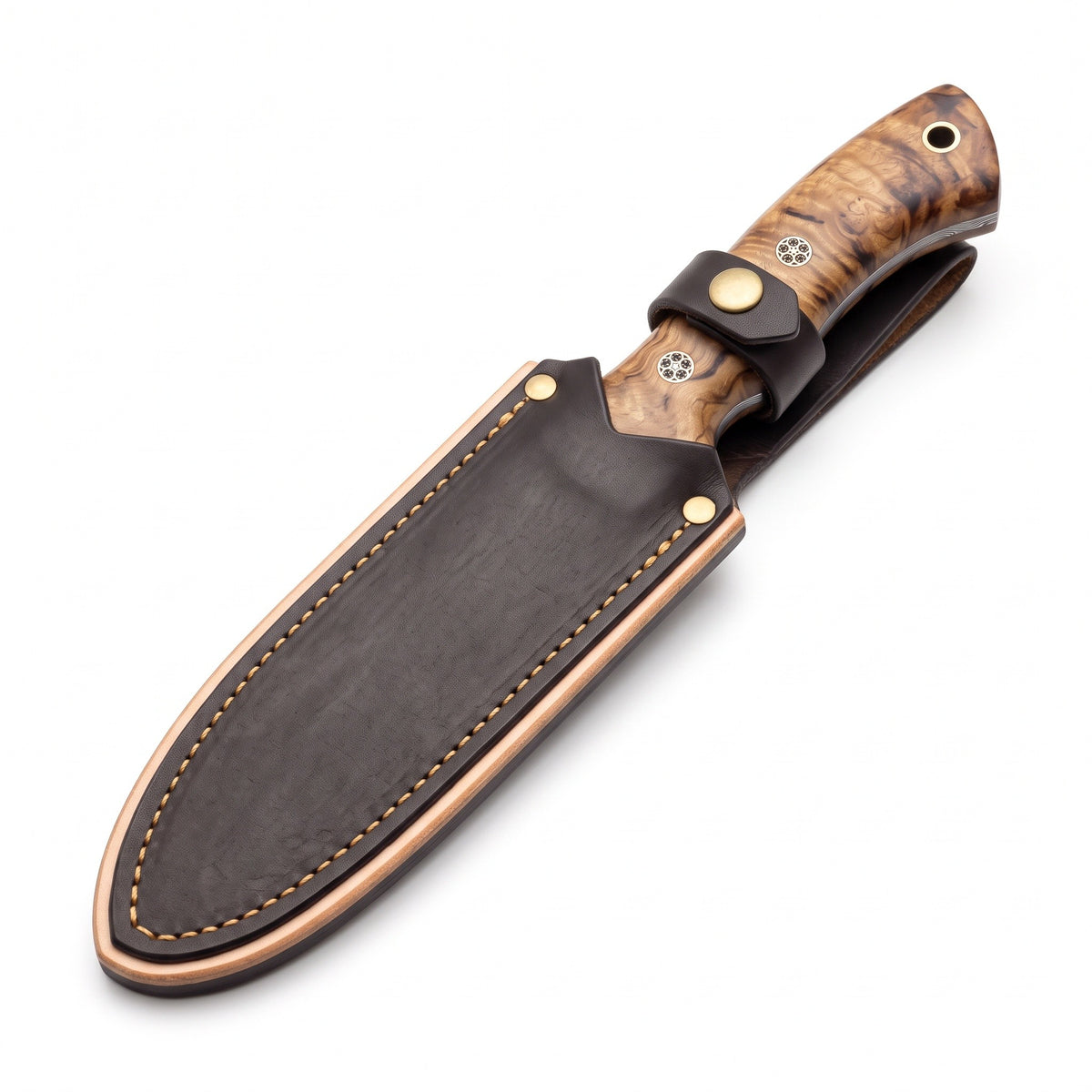 Ridgeback 10" Damascus Hunting Knife | Mango Wood, seated in the Crownridge sheath