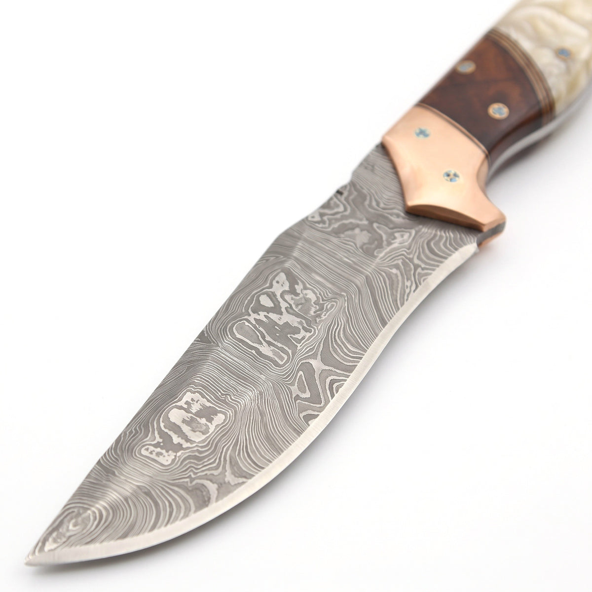 Ridgeback 10" Damascus Hunting Knife | Mother of Pearl & Turquoise, Damascus blade close-up