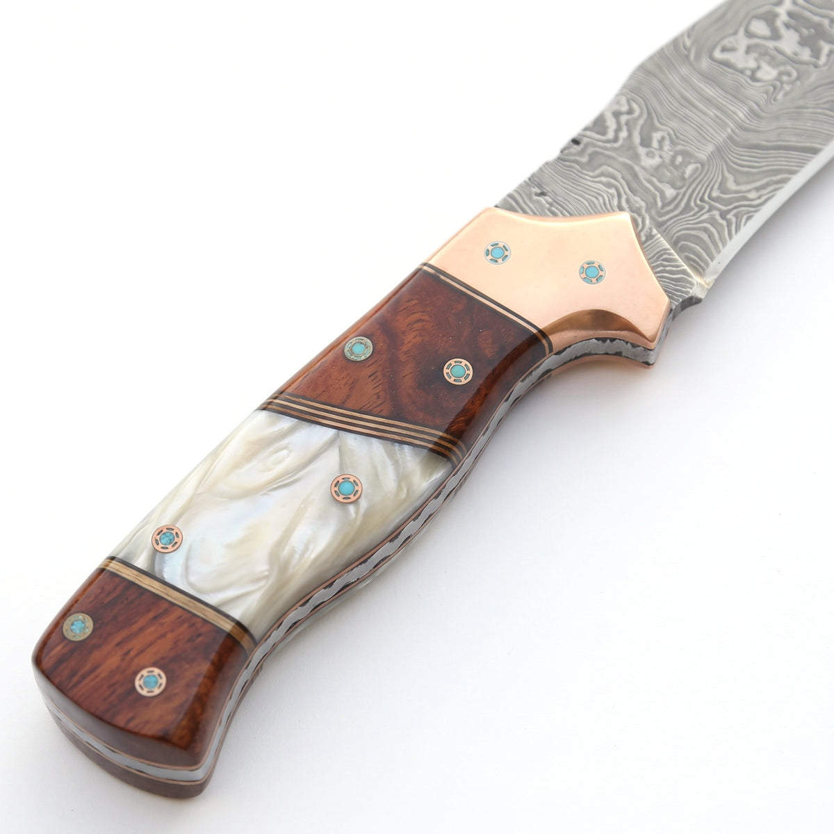 Ridgeback 10" Damascus Hunting Knife | Mother of Pearl & Turquoise, handle and fittings close-up