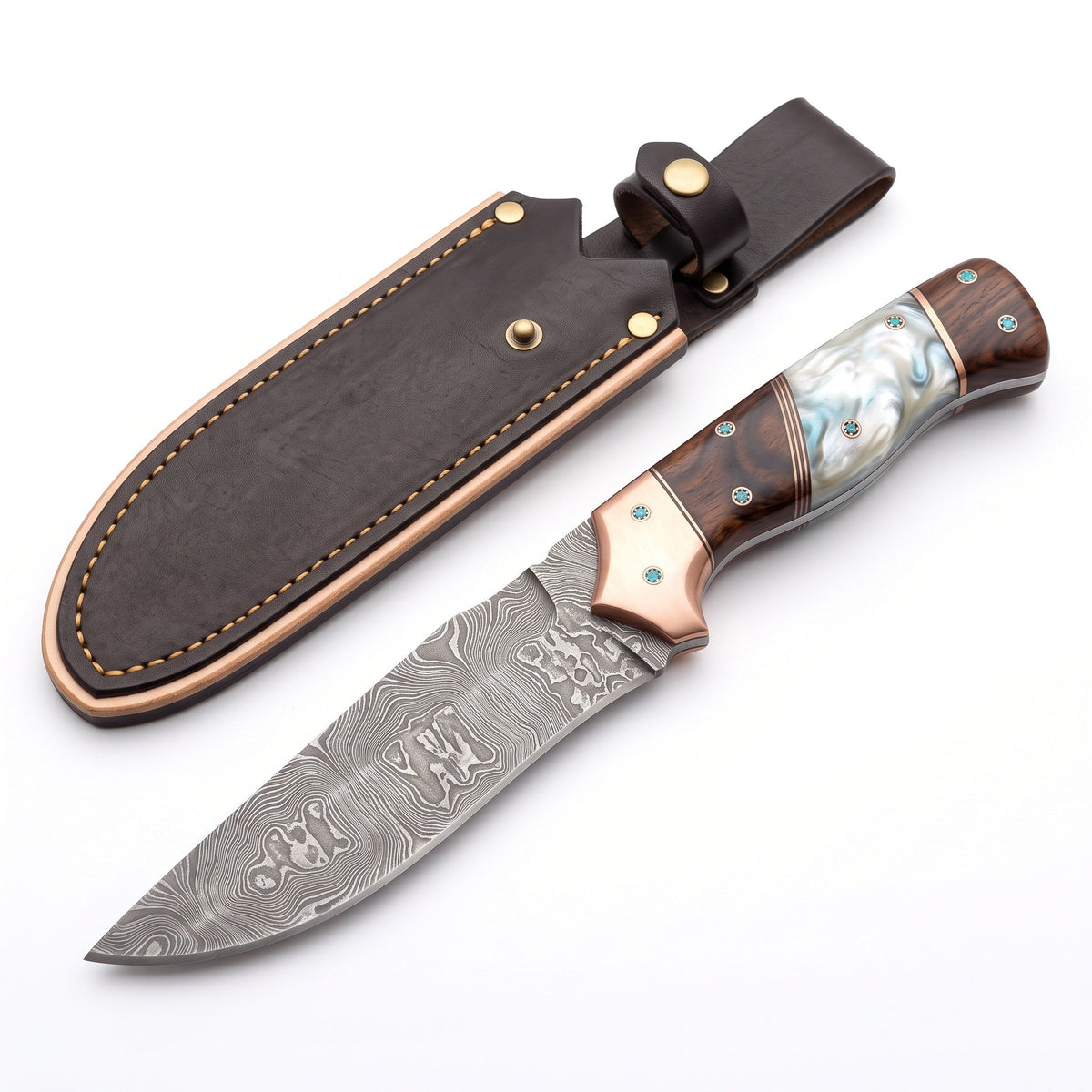 Ridgeback 10" Damascus Hunting Knife | Mother of Pearl & Turquoise, three-quarter view with the Crownridge sheath