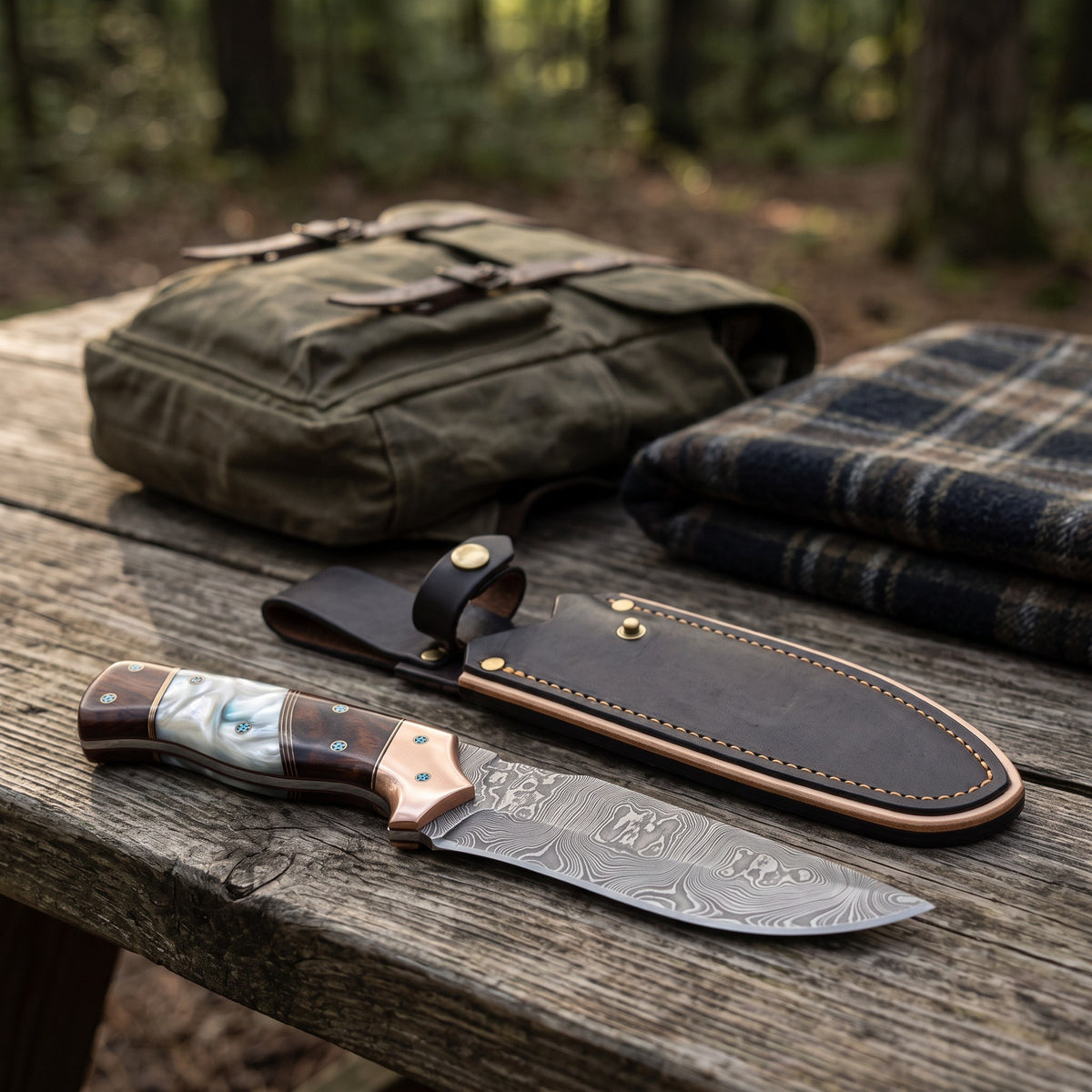 Ridgeback 10" Damascus Hunting Knife | Mother of Pearl & Turquoise, with the Crownridge sheath in use