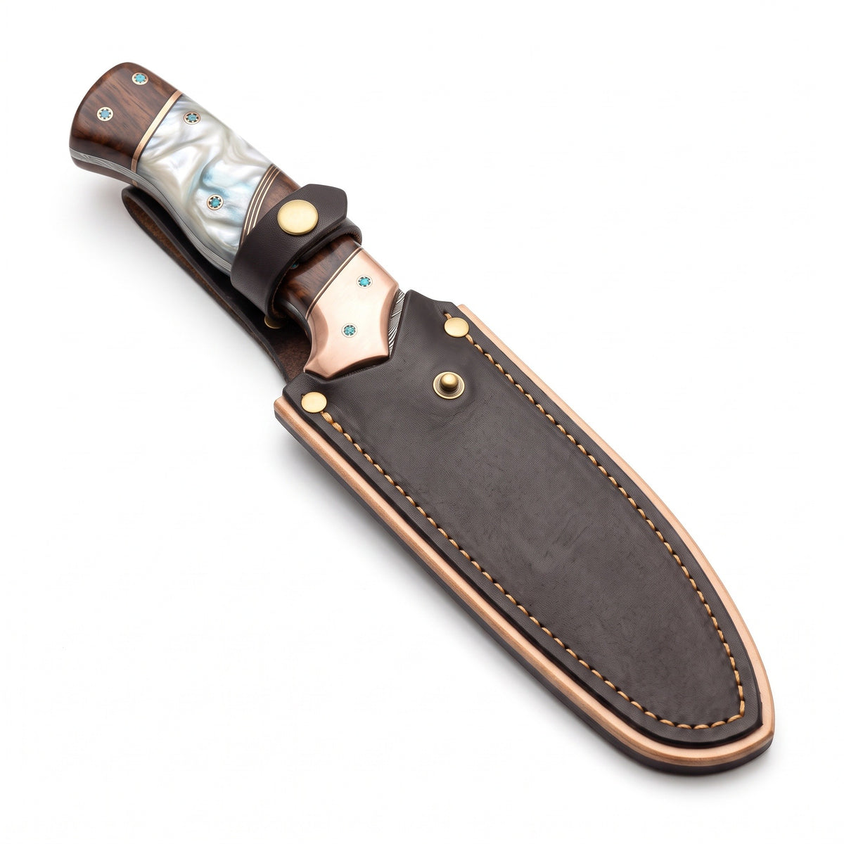 Ridgeback 10" Damascus Hunting Knife | Mother of Pearl & Turquoise, seated in the Crownridge sheath