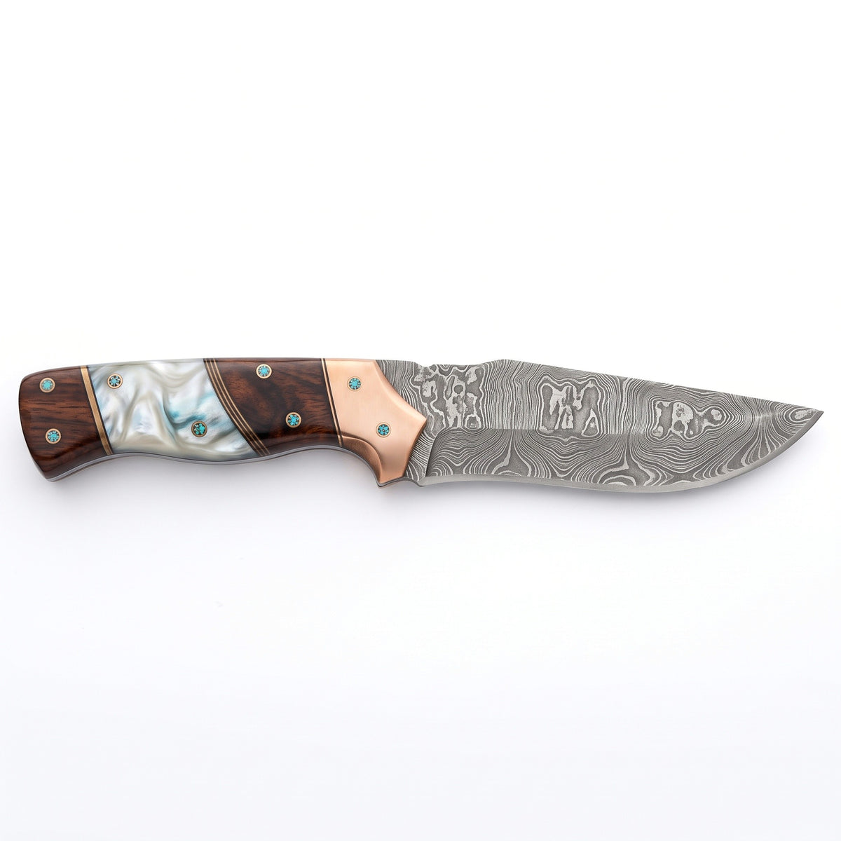 Ridgeback 10" Damascus Hunting Knife | Mother of Pearl & Turquoise, side profile on white