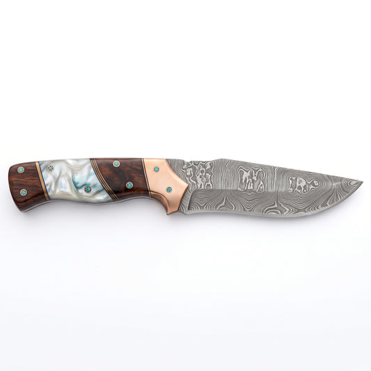 Ridgeback 10" Damascus Hunting Knife | Mother of Pearl & Turquoise, side profile on white