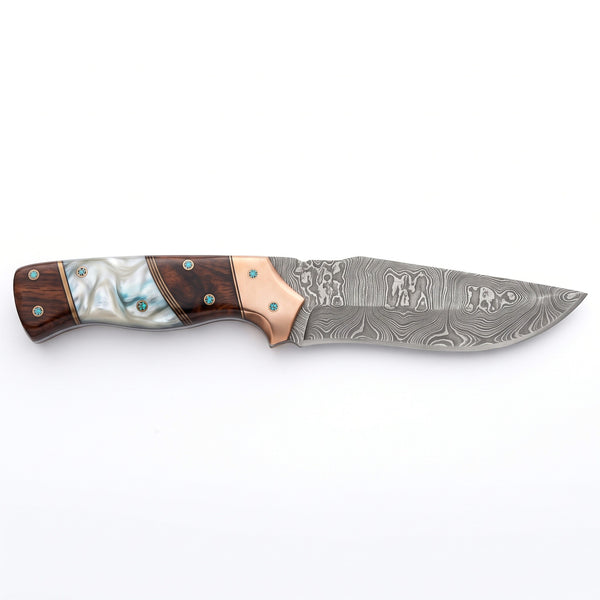 Ridgeback 10" Damascus Hunting Knife | Mother of Pearl & Turquoise, side profile on white