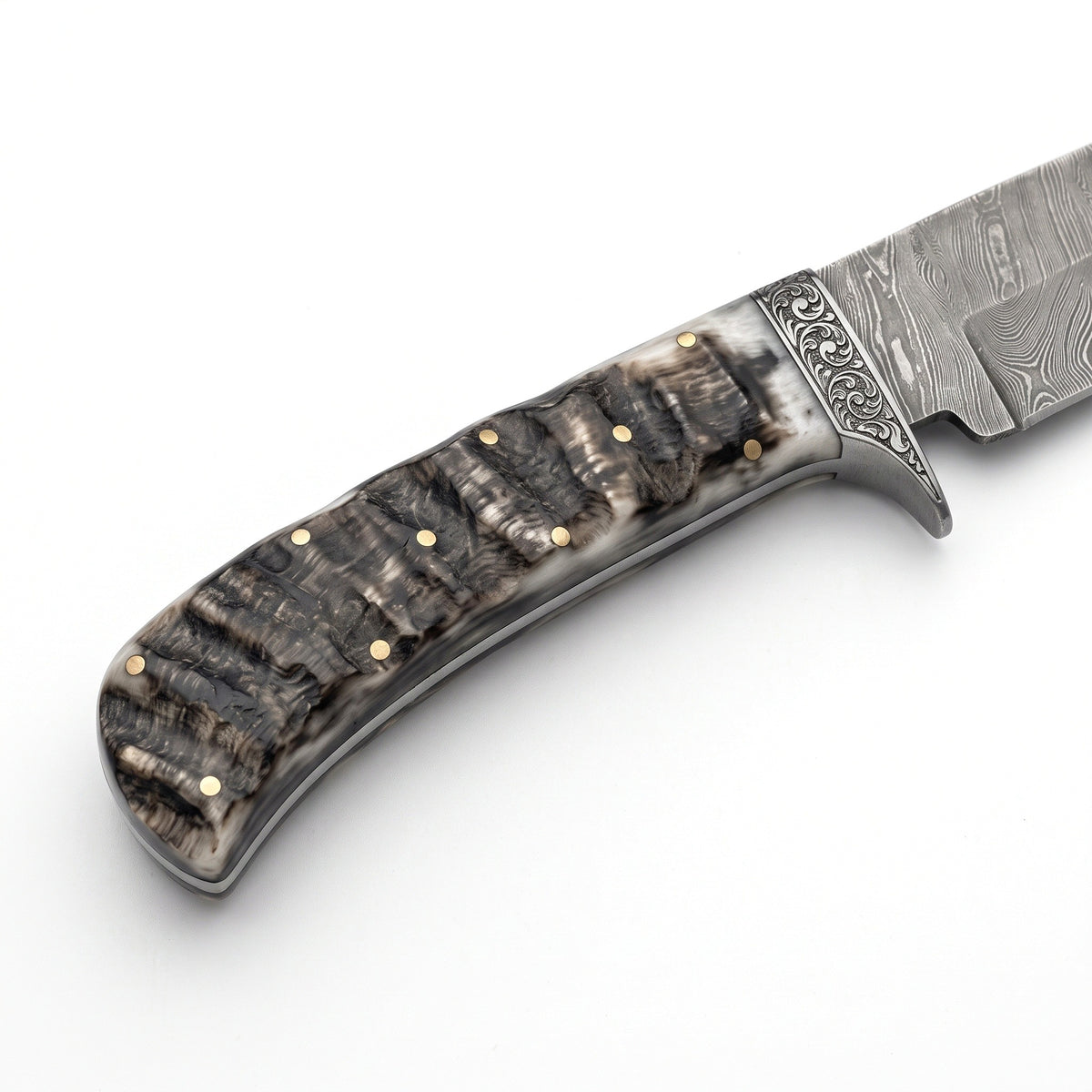 Ridgeback 9.25" Damascus Hunting Knife | Ram Horn, handle and fittings close-up