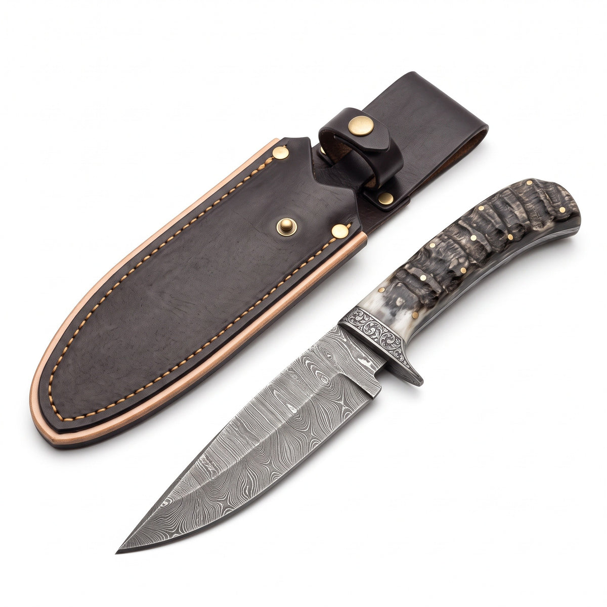 Ridgeback 9.25" Damascus Hunting Knife | Ram Horn, three-quarter view with the Crownridge sheath