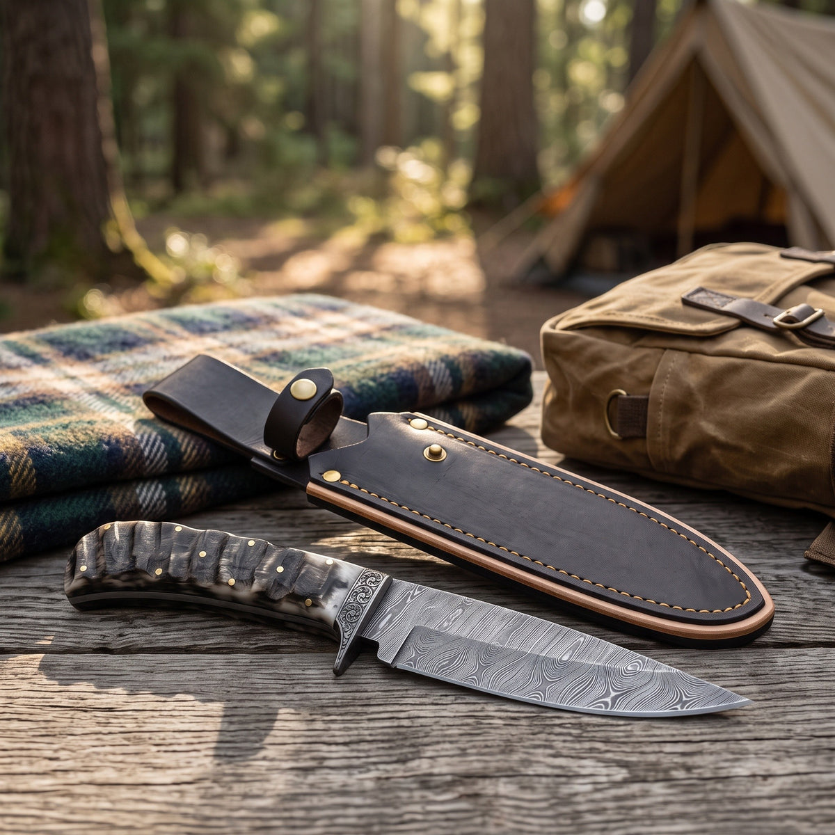 Ridgeback 9.25" Damascus Hunting Knife | Ram Horn, with the Crownridge sheath in use