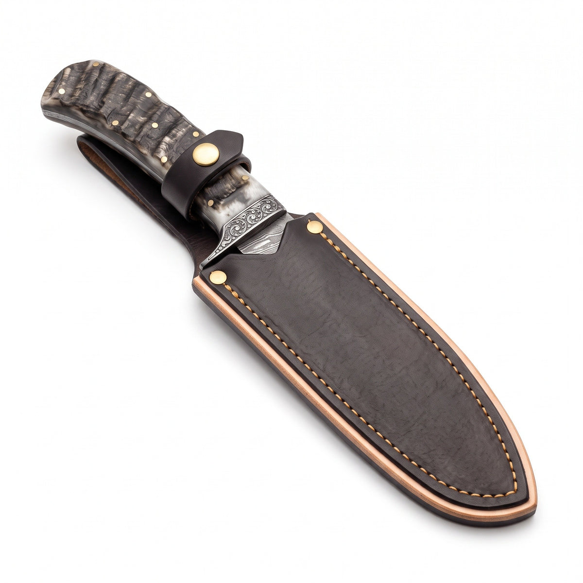 Ridgeback 9.25" Damascus Hunting Knife | Ram Horn, seated in the Crownridge sheath