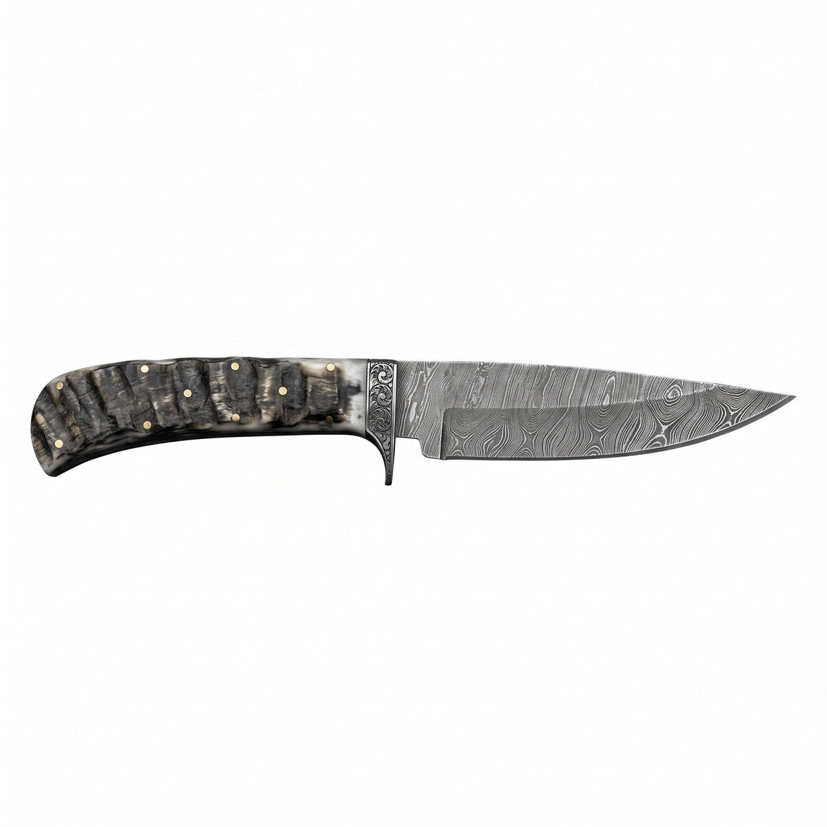 Ridgeback 9.25" Damascus Hunting Knife | Ram Horn, side profile on white
