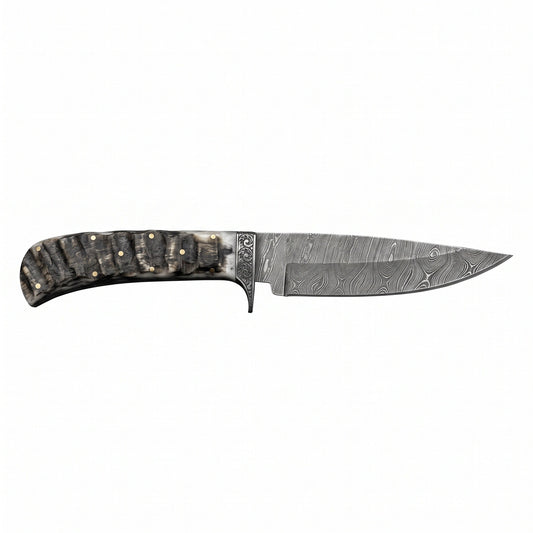Ridgeback 9.25" Damascus Hunting Knife | Ram Horn, side profile on white