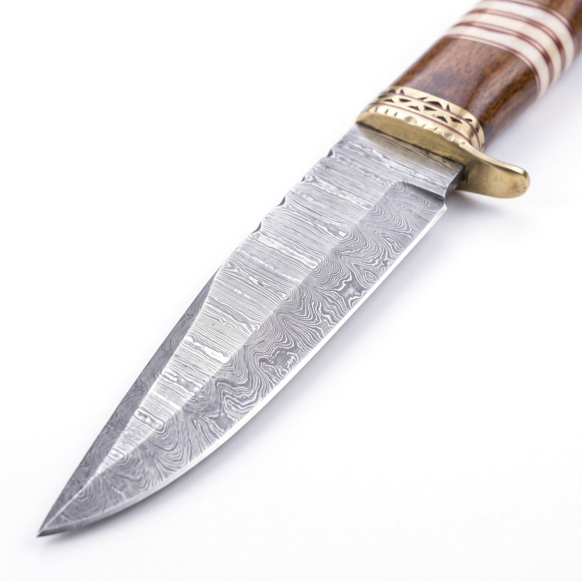 Ridgeback 9.5" Damascus Hunting Knife | Resin & Brass, Damascus blade close-up