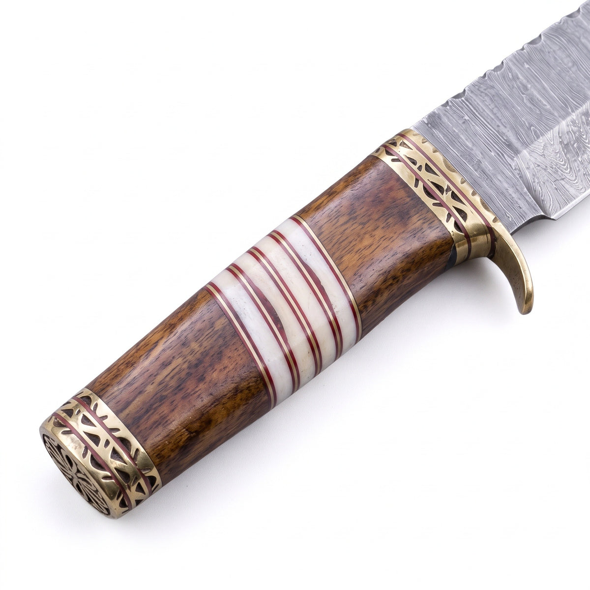 Ridgeback 9.5" Damascus Hunting Knife | Resin & Brass, handle and fittings close-up
