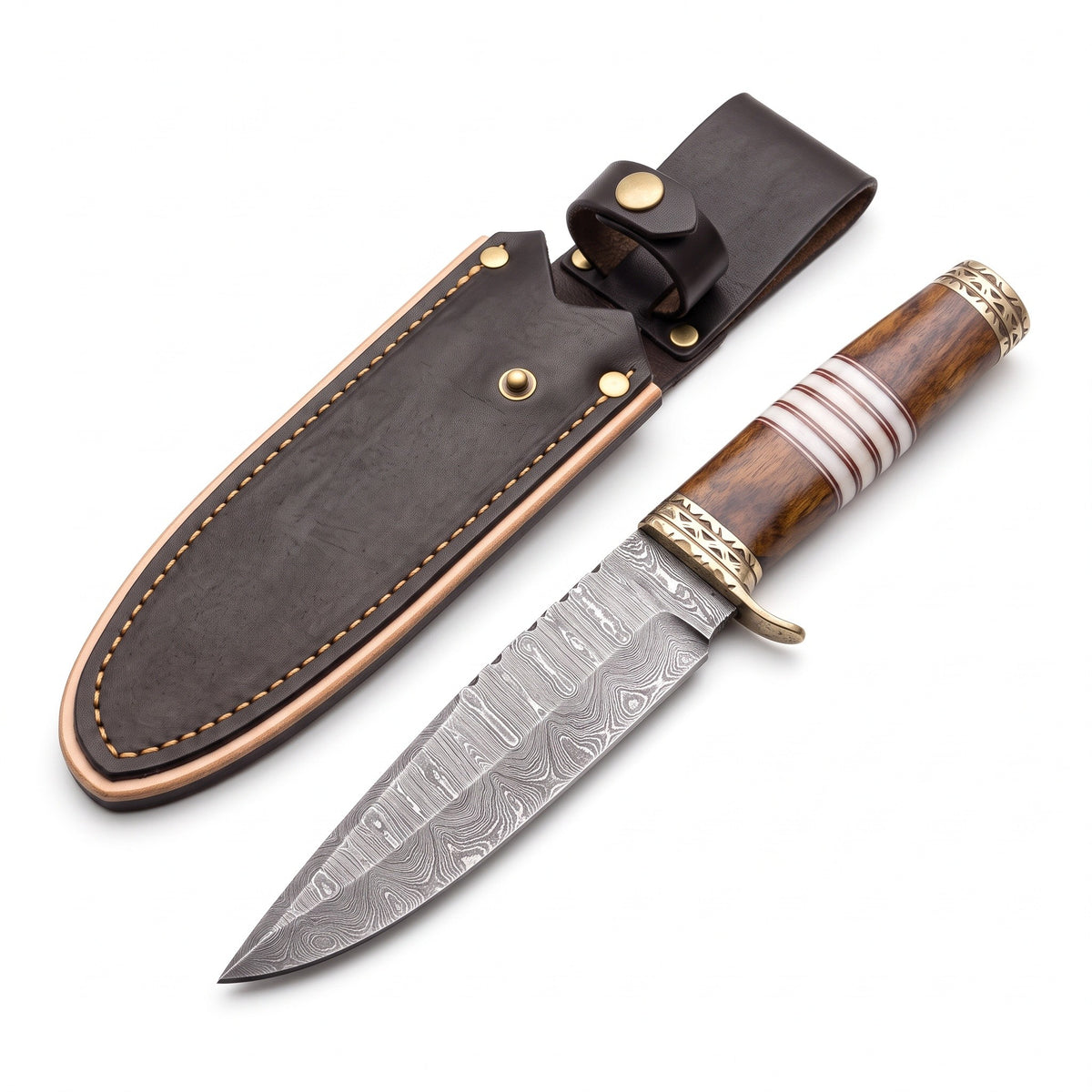 Ridgeback 9.5" Damascus Hunting Knife | Resin & Brass, three-quarter view with the Crownridge sheath