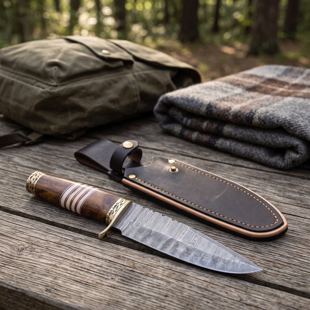 Ridgeback 9.5" Damascus Hunting Knife | Resin & Brass, with the Crownridge sheath in use