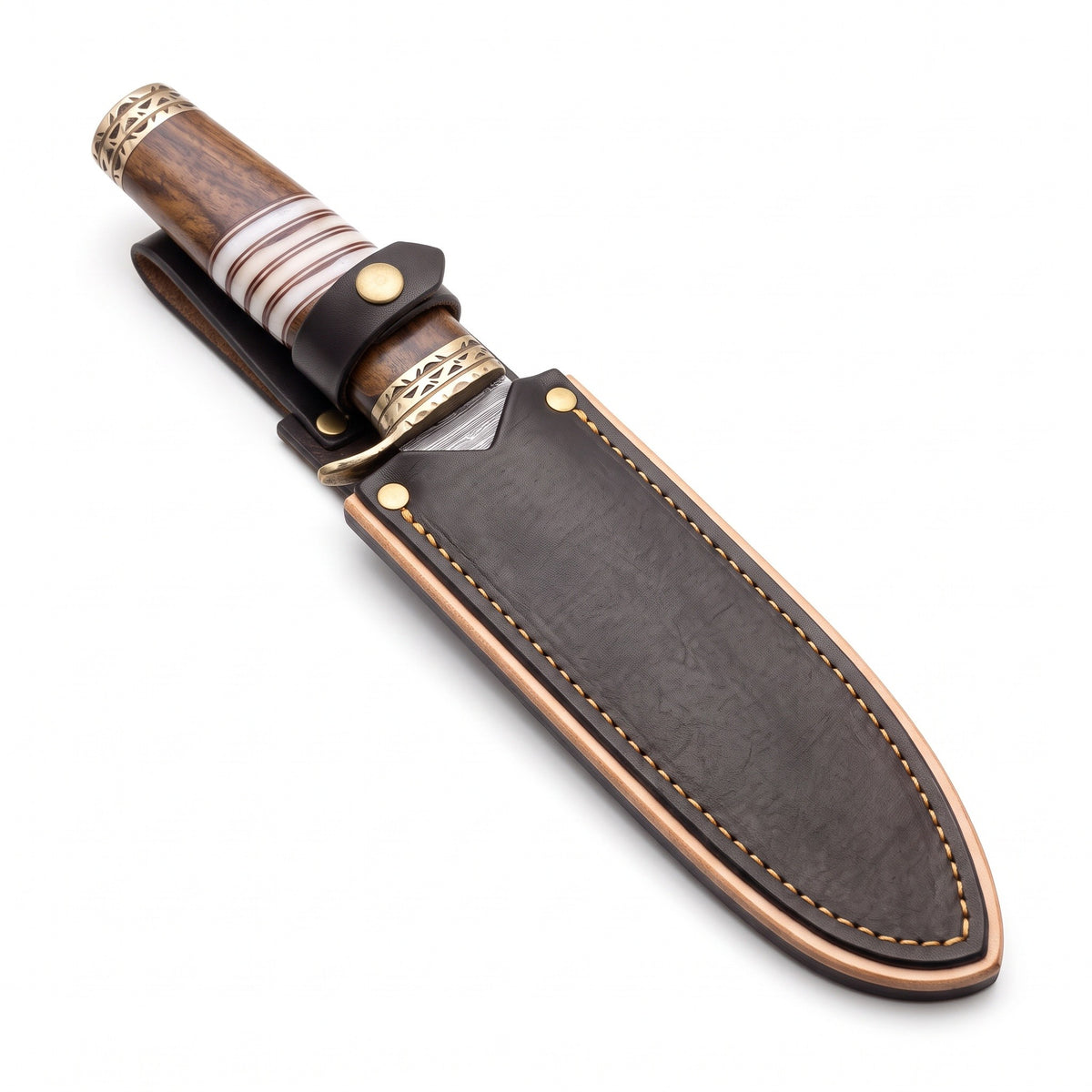 Ridgeback 9.5" Damascus Hunting Knife | Resin & Brass, seated in the Crownridge sheath