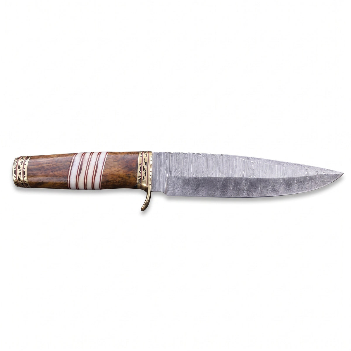 Ridgeback 9.5" Damascus Hunting Knife | Resin & Brass, side profile on white