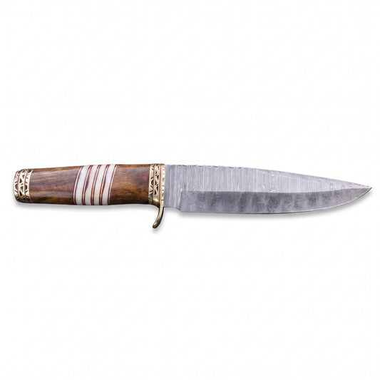 Ridgeback 9.5" Damascus Hunting Knife | Resin & Brass, side profile on white