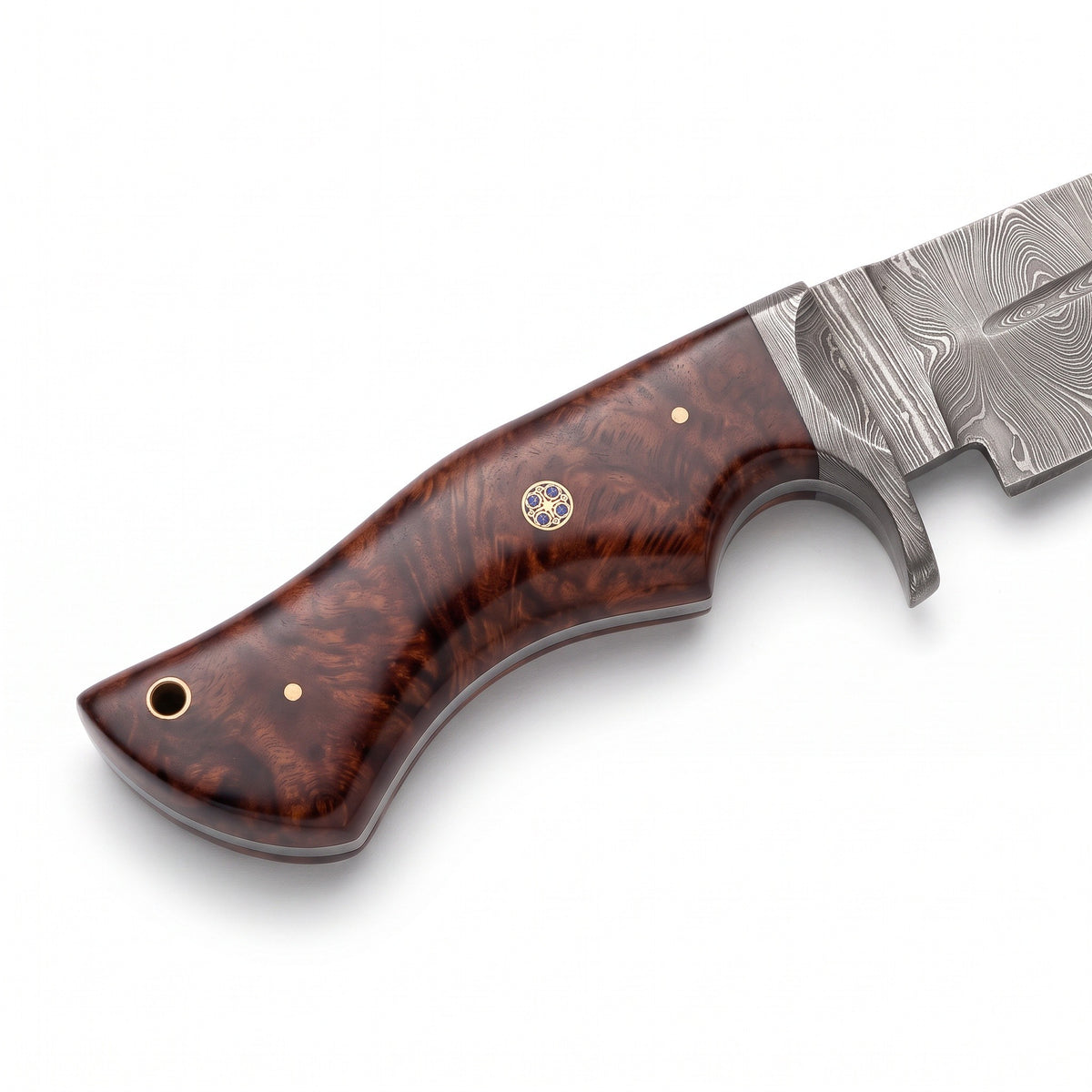 Ridgeback 10" Damascus Hunting Knife | Rosewood, handle and fittings close-up