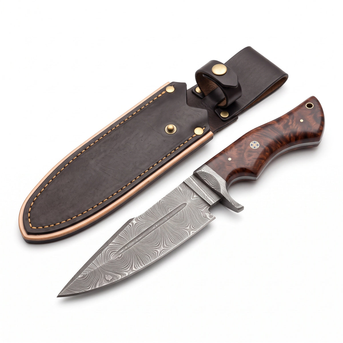 Ridgeback 10" Damascus Hunting Knife | Rosewood, three-quarter view with the Crownridge sheath