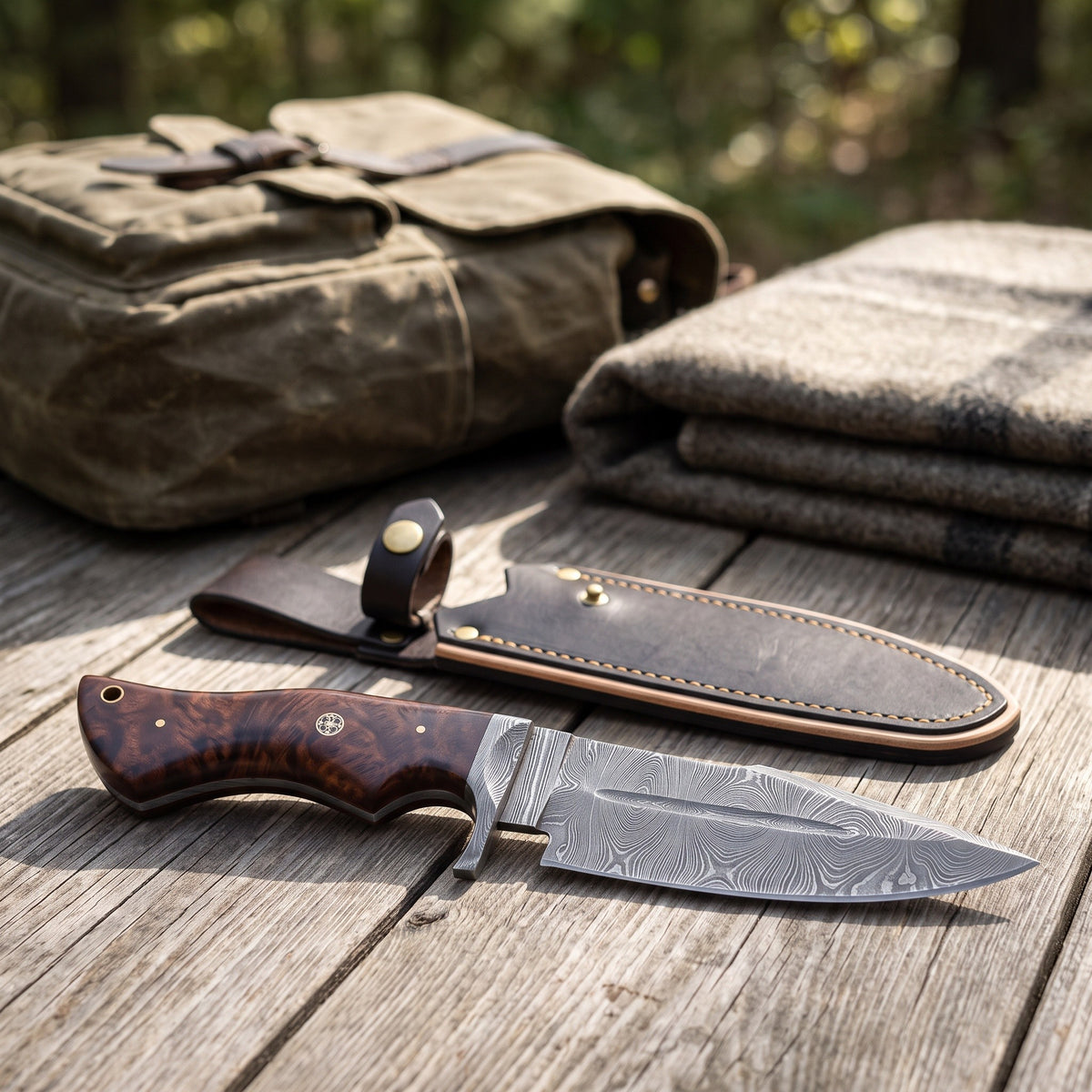 Ridgeback 10" Damascus Hunting Knife | Rosewood, with the Crownridge sheath in use