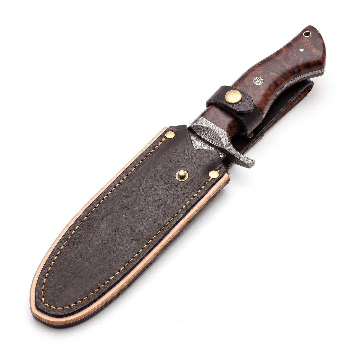 Ridgeback 10" Damascus Hunting Knife | Rosewood, seated in the Crownridge sheath